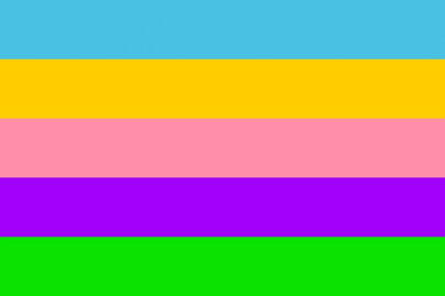 flag with 5 horizontal stripes in the color order of blue, yellowish orange, pink, purple, and green.