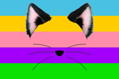 the flag with realistic cat ears and a cartoon cat nose and whiskers