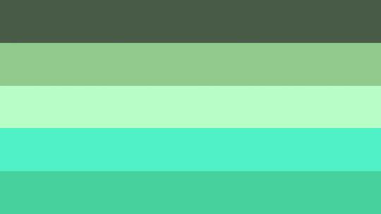 flag with 5 stripes that are dark moss green, moss green, light mint green, teal, and darker green teal. 
