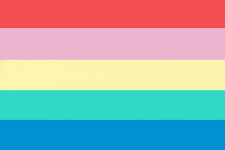 flag with 5 horizontal stripes in the order of red, muted pink, yellow, mint, and blue