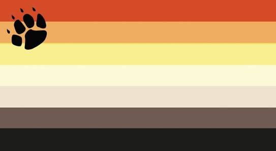 flag with 7 horizontal stripes with the color order from top to bottom being dark orange, orange, yellow, pale yellow, light greyish tan, brown and slightly light black. The flag has a warm tone among all stripes and in the upper left hand corner is a black bear cub paw print that is tilted to the left, with the top of it facing the top left corner of the flag. 