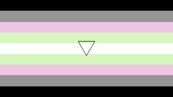 flag with 9 horizontal stripes being black, grey, baby pink, pastel green, white, pastel green, baby pink, grey, and black. There is a small black upside down triangle outline in the center of the flag. 