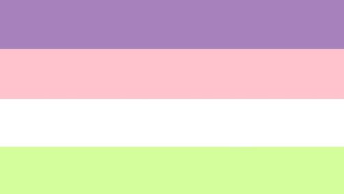 Flag with 4 stripes being heather purple, baby pink, white, and grass green. 