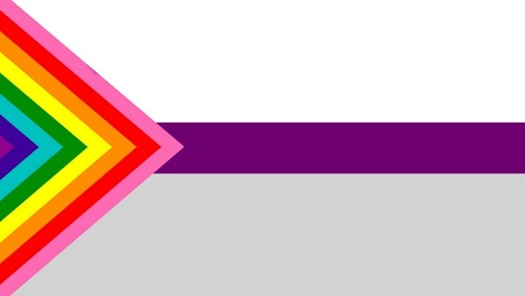 Demisexual flag with the black triangle being replaced by a triangluar version of the 8 stripe rainbow flag. 
