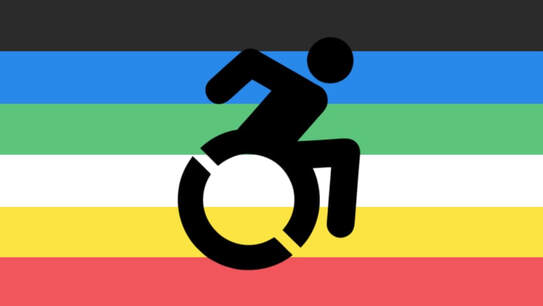 flag with 6 horizontal stripes in the color order from top to bottom being slightly light black, blue, green, white, yellow, and red. There is a jet black logo of a wheelchair user moving in the center of the flag. 