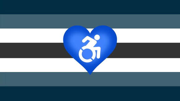 flag with 7 horizontal stripes with the colors being dark grey-blue, grey-blue, white, black, white, grey-blue, and dark grey-blue. There is a blue heart in the center of the flag with a white disabled logo in the center, the logo being the moving disabled icon by accessibleicon. 