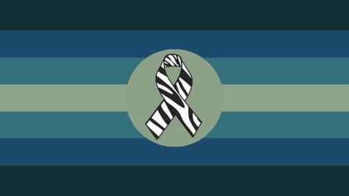 flag with 7 horizontal stripes in the color order of dark teal, blue, light blue, a muted greyish green, light blue, blue, and dark teal. There is a circle in the center of the flag the same color as the middle greyish green stripe, and in the center of the circle is a zebra print ribbon.