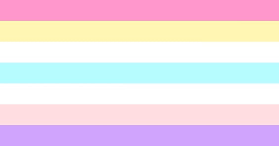 flag with 7 horizontal stripes with the colors from top to bottom being pink, pastel yellow, white, light aqua blue, white, dingy baby pink, and light purple. 