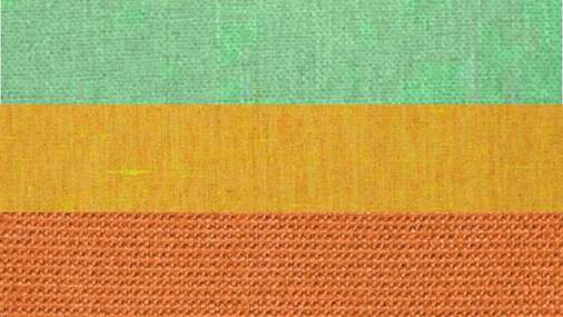 fabric version of the new 3 stripe pan flag that is mint, yellow, and orange. Each stripe is a different image of a close up fabric. 