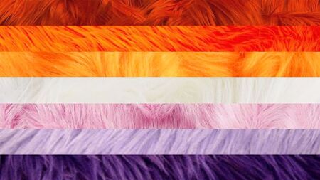 7 stripe sunset lesbian flag with each stripe made of a different image of fur corresponding to each color
