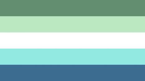flag with 5 horizontal stripes being moss green, light moss green, white, light blue, and blue.