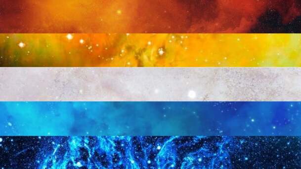 yellow/white/blue aroace flag made from photos of space/galaxies corresponding to each appropriate color