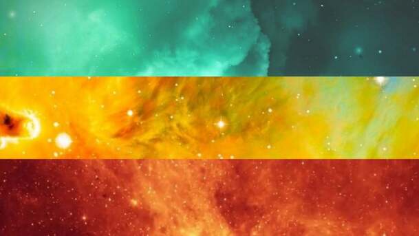 galaxy version of the new 3 stripe pan flag that is mint, yellow, and orange. Each stripe is a different picture of a colored galaxy. 
