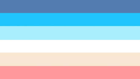 flag with 6 horizontal stripes in the color order of dark blue, sky blue, light blue, white, pale orange, and pale red. The entire flag is a bit pastel. 
