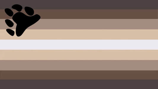 flag with 9 stripes in the color order from top to bottom being dark brown, brown, light brown, tan, white, tan, light brown, and dark brown. there is a lback tilted bear paw print in the top left hand corner of the flag, same as the gay bear flag. 