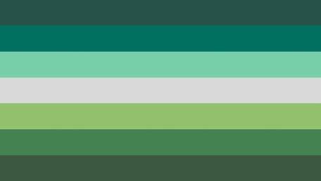 flag with 7 horizontal stripes that are very dark teal, dark teal, mint, light grey, green, dark green, and very dark green