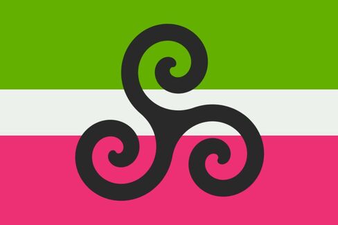 Flag with 3 horizontal stripes. The top is green, the bottom is pink, and there is a thin white stripe in the middle. There is a light black triskele symbol on the flag. 