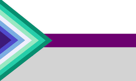 Demisexual flag with the black triangle being replaced by a triangluar version of the 7 stripe ocean gay aka vincian flag. 