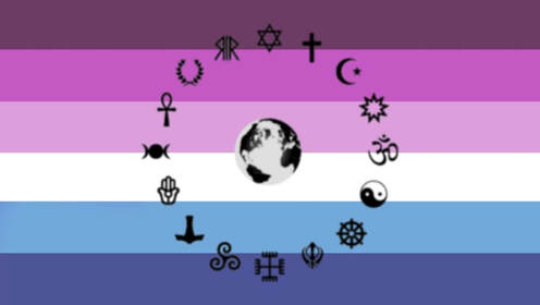 flag with 6 horizontal stripes in the color order of deep purple, purple, lilac, white, blue, and dark blue. There is a circle of symbols from different religions in black on the flag, some religious symbols include Judaism, Christianity, Islam, Buddhism, Celtic Paganism, Kemetism, and more. There is a black and light grey earth in the center of this circle. 