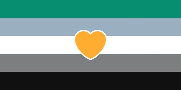 flag with 5 horizontal stripes being teal, steel blue, white, grey, and light black. there is an orange heart in the center of the flag with a white border, blending in with the middle white stripe. 