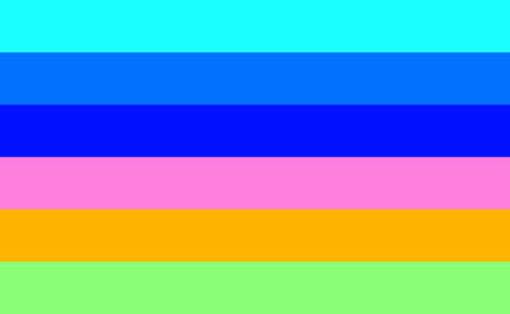 flag with 6 horizontal stripes in the color order of electric blue, grey-blue, blue, pink, orange, and lime green. 