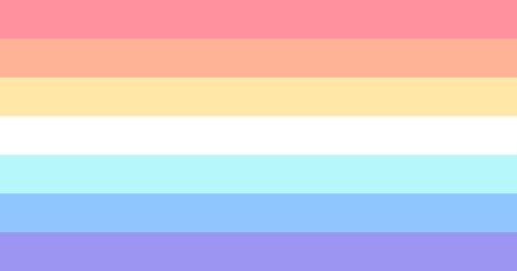 flag with 7 horizontal stripes with colors from top to bottom being pale red, light medium orange, pale gold, white, aqua, medium sky blue, and light indigo.