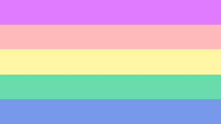 Flag with 5 horizontal stripes that are light bright colors similar to easter colors. They are from top to bottom purple, pink, yellow, green, and blue. 