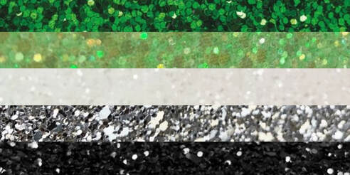 aromantic flag where each color stripe is a different photo of glitter corresponding to each color