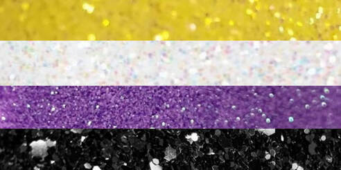 nonbinary flag where each color stripe is a different photo of glitter corresponding to each color