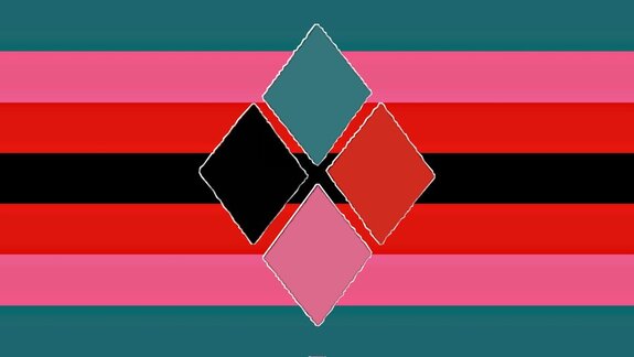 flag with 7 horizontal stripes with the middle stripe being black and the colors on both sides going outward being red, pink, and dark teal. there is a diamond in the middle of the flag composed of four spaced out smaller diamonds. The diamond to the right is black, the diamond on the bottom is pink, the diamond on the right is red, and the diamond on the top is dark teal. They have a white outline around them. 