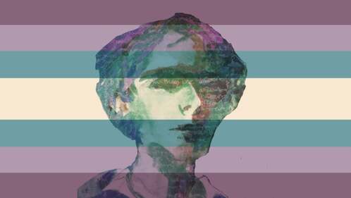 flag with 7 horizontal stripes in the color order of dark lavender, medium lavender, dark teal, beige, dark teal, medium lavender, and dark lavender. There is a multicolored drawing of a man overlayed onto the flag. 