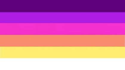 Flag with six horizontal stripes with the color order from top to bottom being dark purple, purple, pink, orange, yellow, and white. 