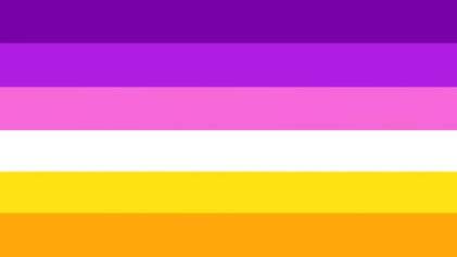 flag with 6 horizontal stripes in the color order from top to bottom being dark purple, purple, a purpleish pink, white, dark yellow, and orange.