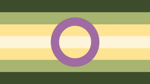 flag with 7 horizontal stripes being dark moss green, grass green, pale yellow, light beige, pale yellow, grass green, and dark moss green. There is a bold muted purple circle outline in the center of the flag.