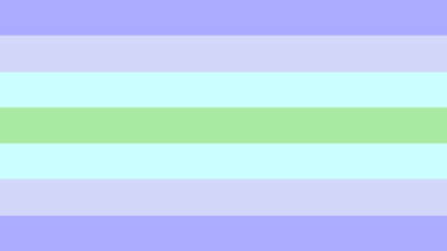 flag with 7 horizontal stripes in the color order from top to bottom being lilac, light lilac, light electric blue, light green, light electric blue, light lilac, and lilac. 