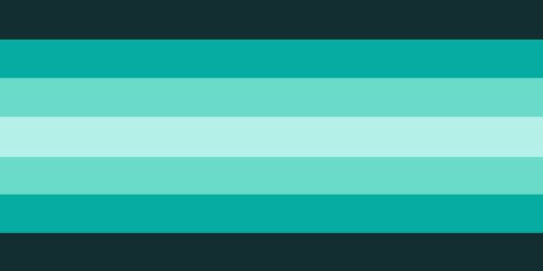 flag with 7 horizontal stripes. It is an entirely turquoise flag with the middle stripe being a light turquoise and the stripes going outward on each side progressing to a very dark turquoise.