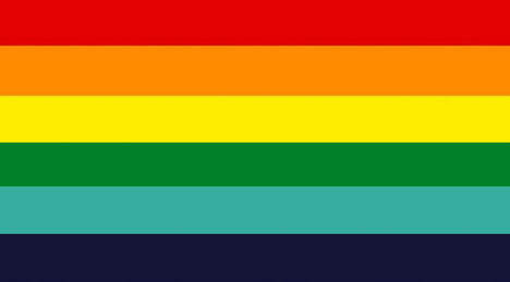 [IMAGE DESCRIPTION: A COMBINATION OF THE ORIENTED AROACE FLAG AND THE RAINBOW FLAG. THE RED, ORANGE, YELLOW, AND GREEN FROM THE RAINBOW FLAG THEN THE TEAL GREEN AND DARK BLUE FROM THE ORIENTED AROACE FLAG IN HORIZONTAL STRIPES. END OF DESCRIPTION.]