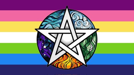 Flag with 7 horizontal stripes in the color order of purple, pink, yellow, white, green, blue, and dark blue. There is a sticker in the middle of the flag of an interlocked pentacle and different elements in the area between the circle and the star sides. There is blue waves for water, a purple galaxy for spirit, fire colors and patterns for the element fire, green leaves for nature, and then light blue with swirls for air. 