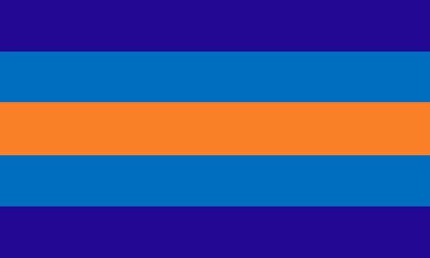 flag with 5 horizontal stripes. the colors from top to bottom go dark blue, blue, dark orange, blue, and dark blue.