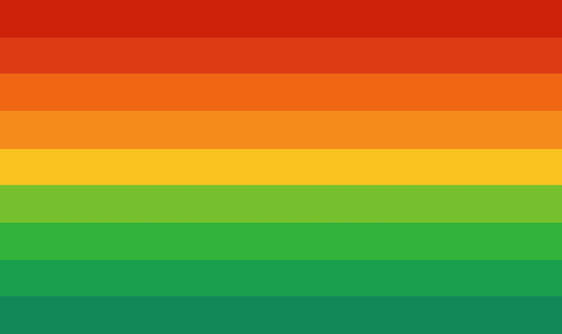 flag with 9 horizontal stripes that from top to bottom are red, light red, orange, light orange, gold, lime green, green, teal, and dark teal