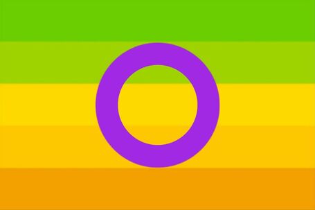 flag with two green stripes, then a yellow to orange 3 stripe gradient, with a hollow purple circle on top