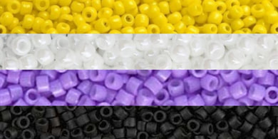 nonbinary flag with each stripe being replaced by a close up picture of a collection of seed beads with the corresponding stripe color
