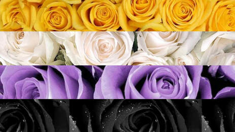 nonbinary flag edit with stripes being replaced with images of flowers, primarily roses, corresponding to each stripe and its color. Color stripes are: yellow, white, purple, and black.