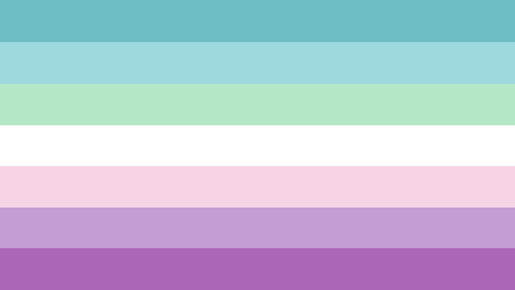 flag with 7 horizontal stripes. the colors from top to bottom are teal, seafoam, mint green, white, light pink, lavender, and purple. 