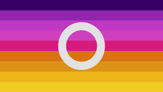 flag with 9 horizontal stripes with the colors from top to bottom being indigo, muted purple, purple, light pink toned purple, hot pink, orange, light orange, gold, and yellow. There is a medium sized dingy white bold hollow circle outline in the center of the flag. 