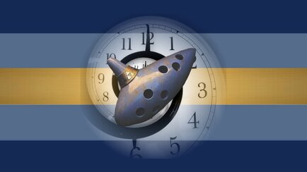 flag with five stripes in the order of darker blue, dark blue, gold, dark blue, and darker blue. there is an opaque warped clock on the flag with an ocarina on top of it. 