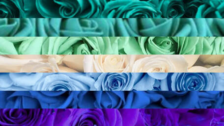 ocean gay flag edit with stripes being replaced with images of flowers, primarily roses, corresponding to each stripe and its color. Color stripes are: dark teal, teal, mint, white, light blue, blue, and indigo.