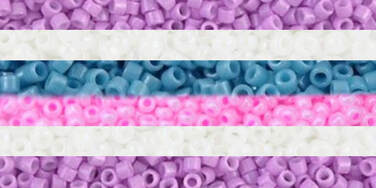 original intersex flag with each stripe being replaced by a close up picture of a collection of seed beads with the corresponding stripe color. the blue and pink stripes are blurred together like in the original flag.