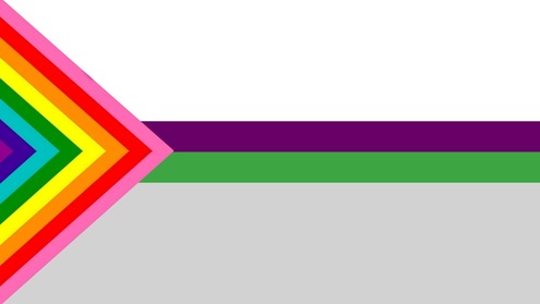 demiaroace flag with the triangle being the original 8 stripe rainbow flag going upward into a triangle shape