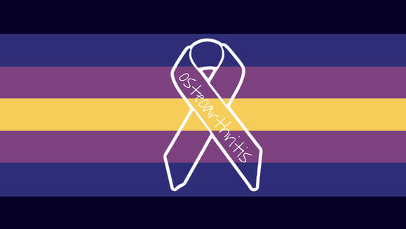 flag with 7 stripes being dark blue-ish black, blue, purple, yellow, purple, blue, and dark blue-ish black. There is an outline of an awareness ribbon on the center of the flag with the word osteoarthritis in scribble font on one of the legs of the ribbon. 